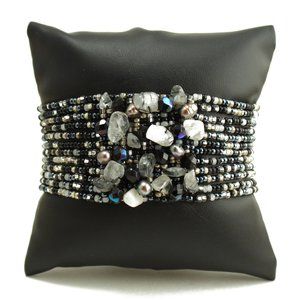 Czech Glass Bead BLACK SILVER Gem Cluster Bracelet